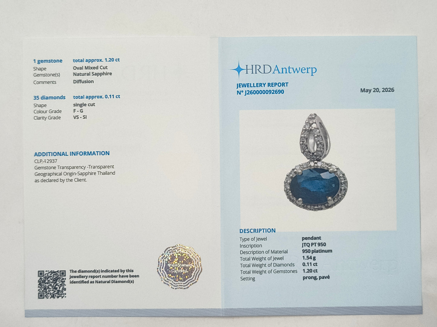 1.31 Ct Oval Sapphire 950 Platinum Pendant