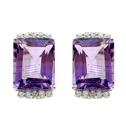 6.91 Ct Octagon Amethyst, White Zircon 925 Sterling Silver Earrings