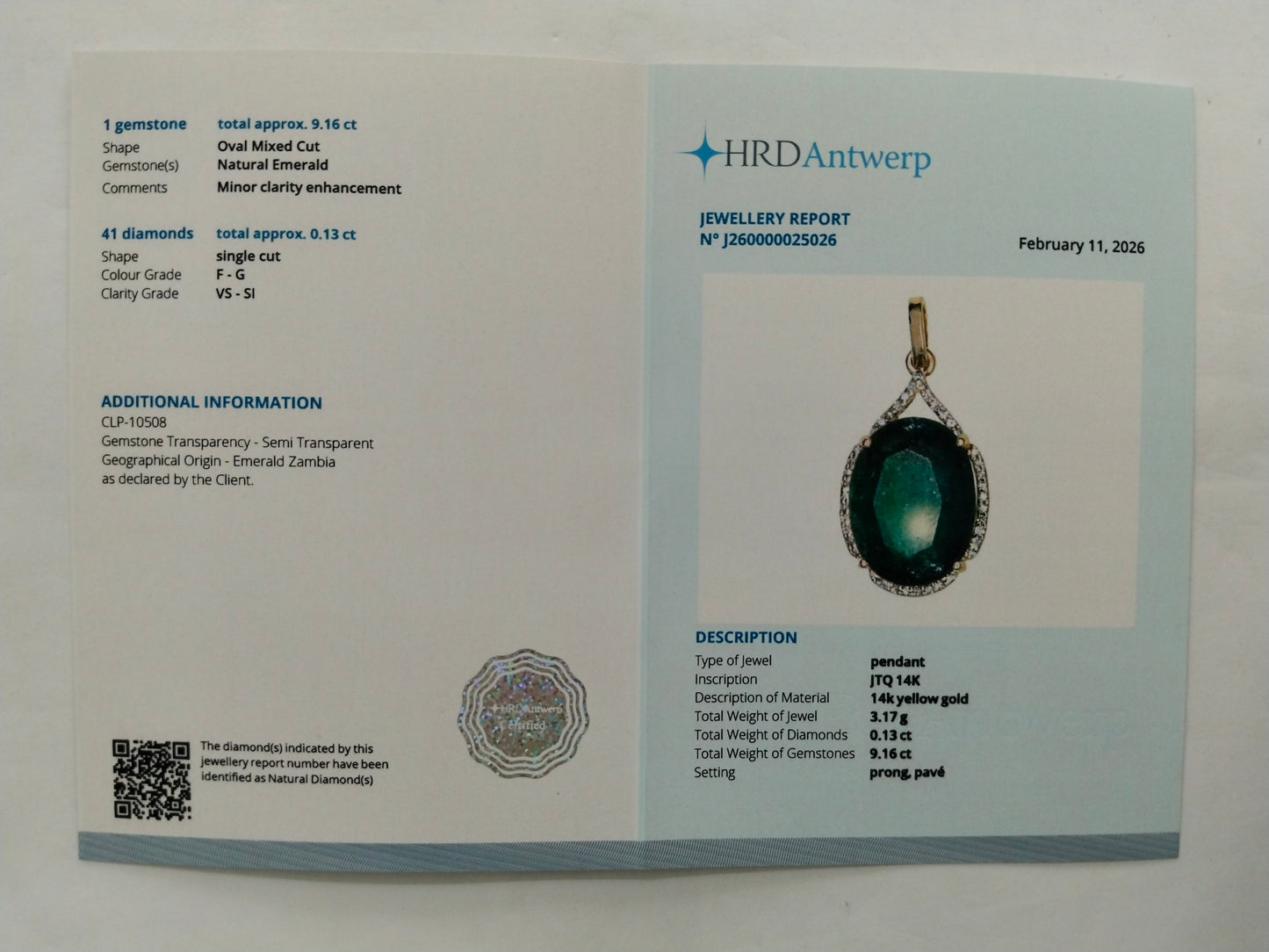 9.29 Ct Oval Mixed Cut Natural Emerald 14K Gold Pendant