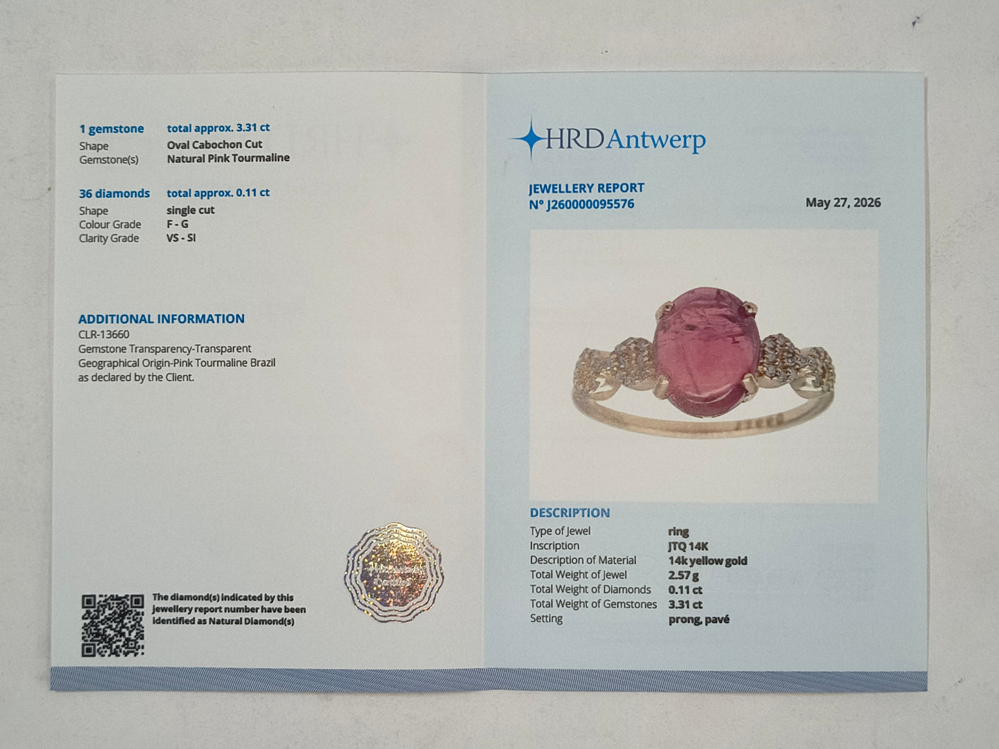 3.42 Ct Oval Cabochon Cut Natural Pink Tourmaline 14K Gold Ring