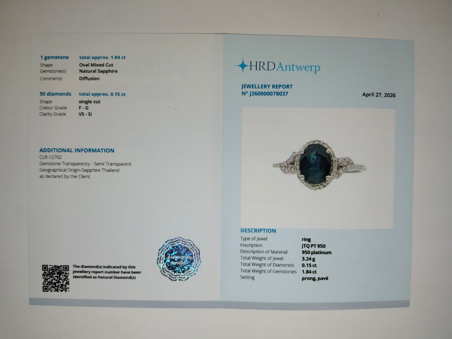 1.99 Ct Oval Mixed Cut Natural Sapphire 950 Platinum Ring