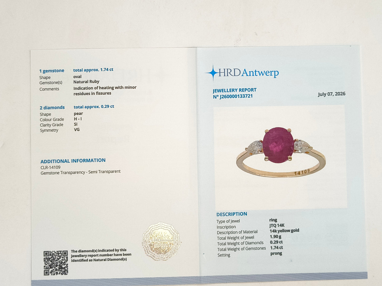 2.03 Ct Oval Natural Ruby 14K Gold Ring