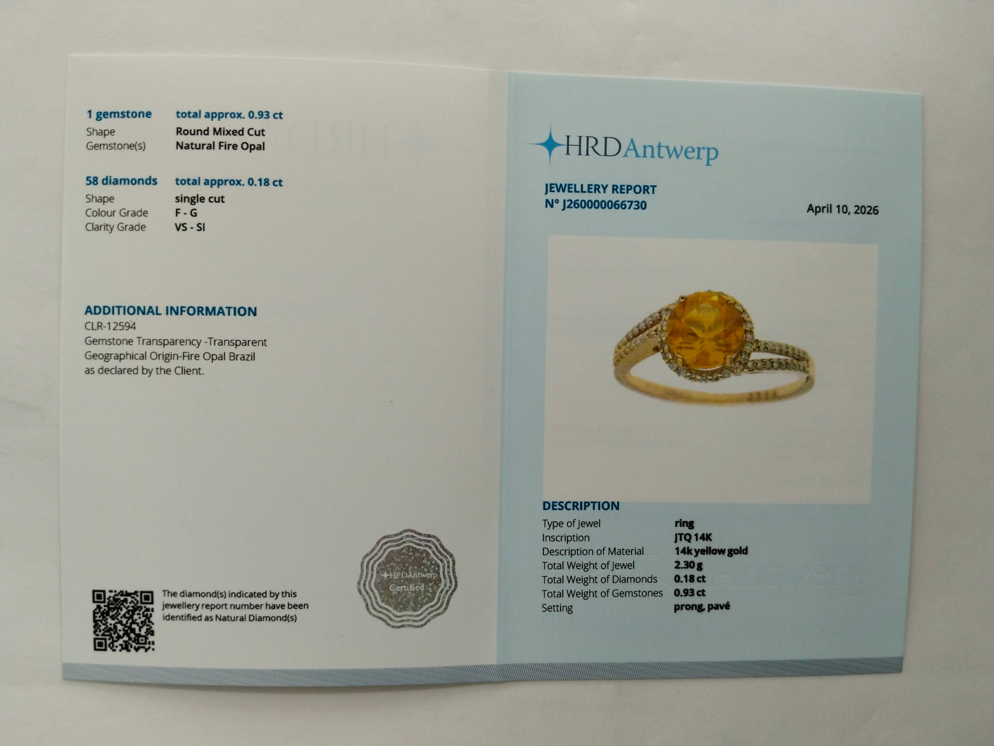 1.11 Ct Round Mixed Cut Natural Fire Opal 14K Gold Ring
