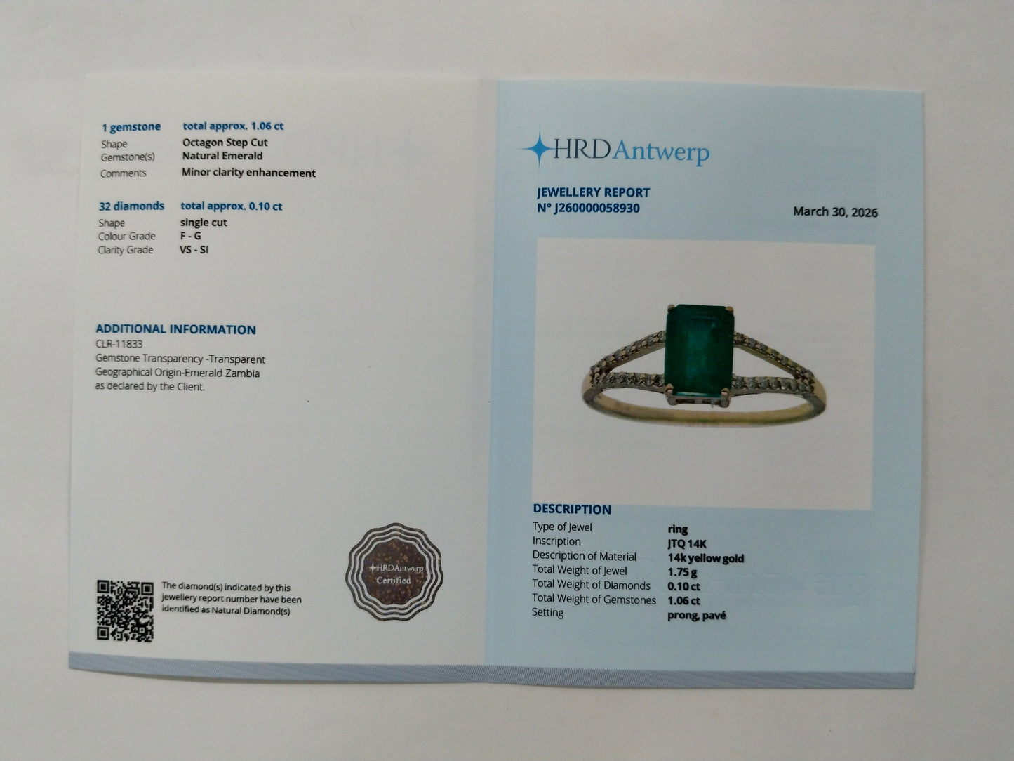 1.16 Ct Octagon Step Cut Natural Emerald 14K Gold Ring