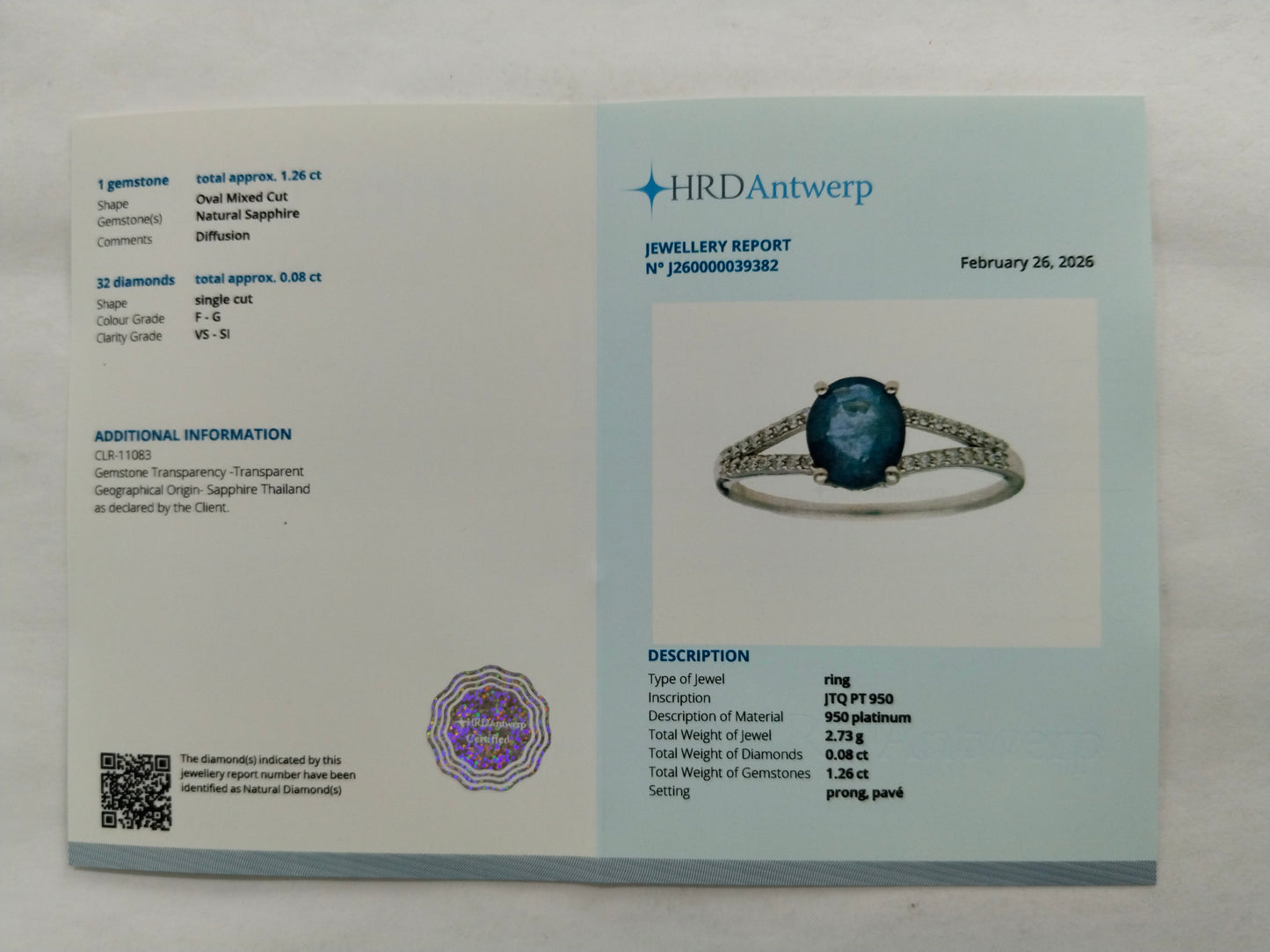 1.34 Ct Oval Mixed Cut Natural Sapphire 950 Platinum Ring