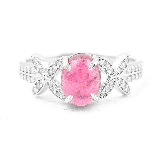 1.62 Ct Oval Cabochon Cut Natural Pink Tourmaline 950 Platinum Ring