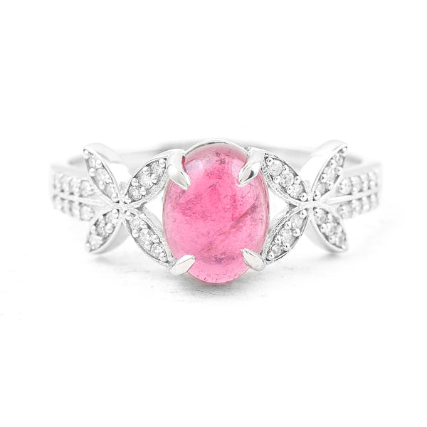 1.62 Ct Oval Cabochon Cut Natural Pink Tourmaline 950 Platinum Ring
