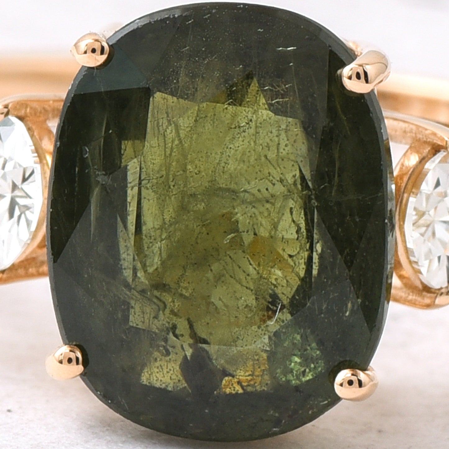 4.06 Ct Cushion Mixed Cut Natural Green Sapphire 14K Gold Ring