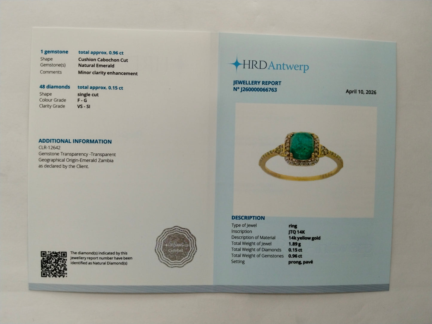 1.11 Ct Cushion Cabochon Natural Emerald 14K Gold Ring