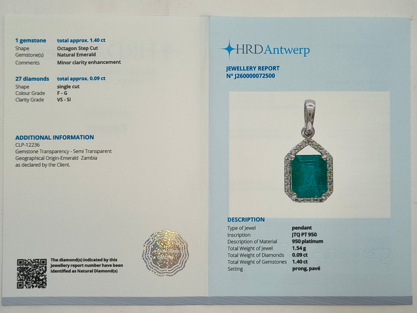 1.49 Ct Octagon Step Cut Natural Emerald 950 Platinum Pendant