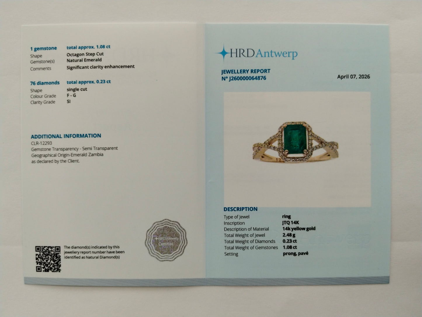 1.31 Ct Octagon Step Cut Natural Emerald 14K Gold Ring