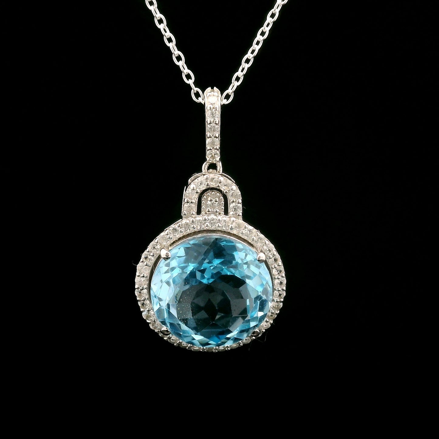 7.98 Ct Round Blue Topaz, White Zircon 925 Sterling Silver Pendant