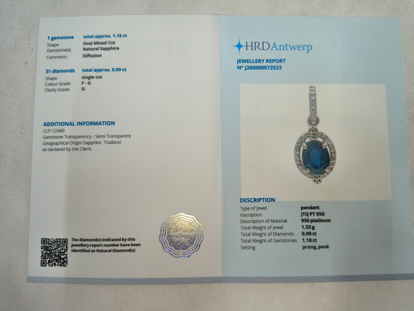 1.27 Ct Oval Mixed Cut Natural Sapphire 950 Platinum Pendant