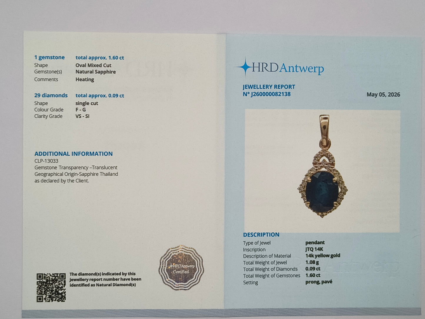 1.69 Ct Oval Mixed Cut Natural Sapphire 14K Gold Pendant