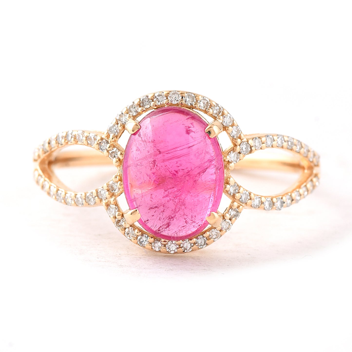 2.21 Ct Oval Cabochon Cut Natural Rubellite 14K Gold Ring