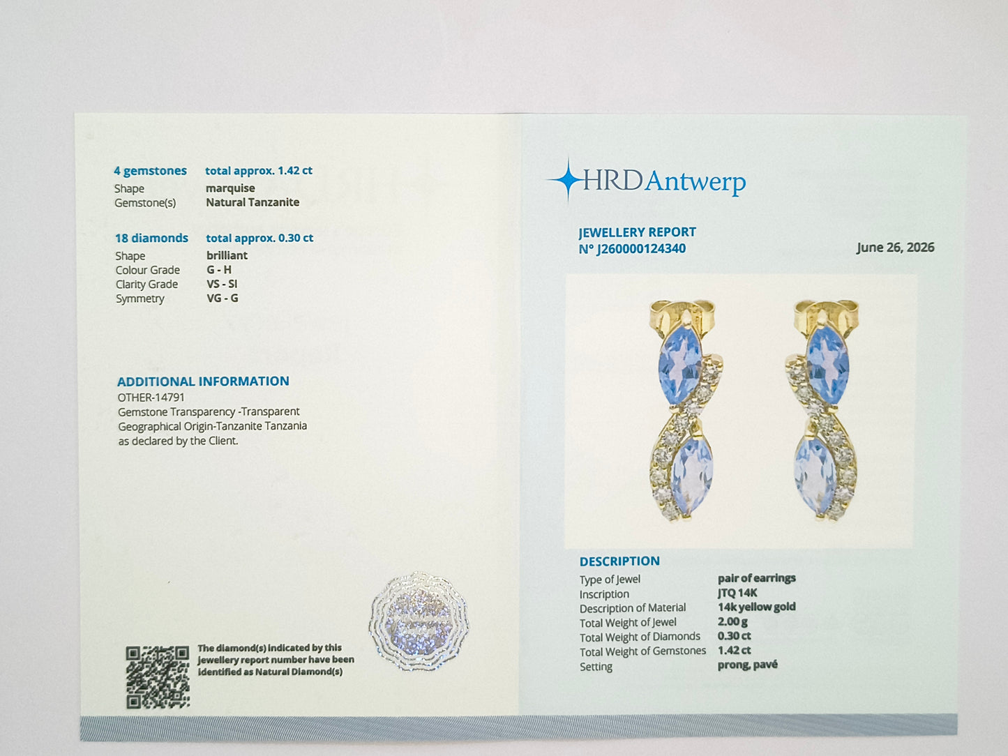1.72 Ct Marquise Natural Tanzanite 14K Gold Earrings