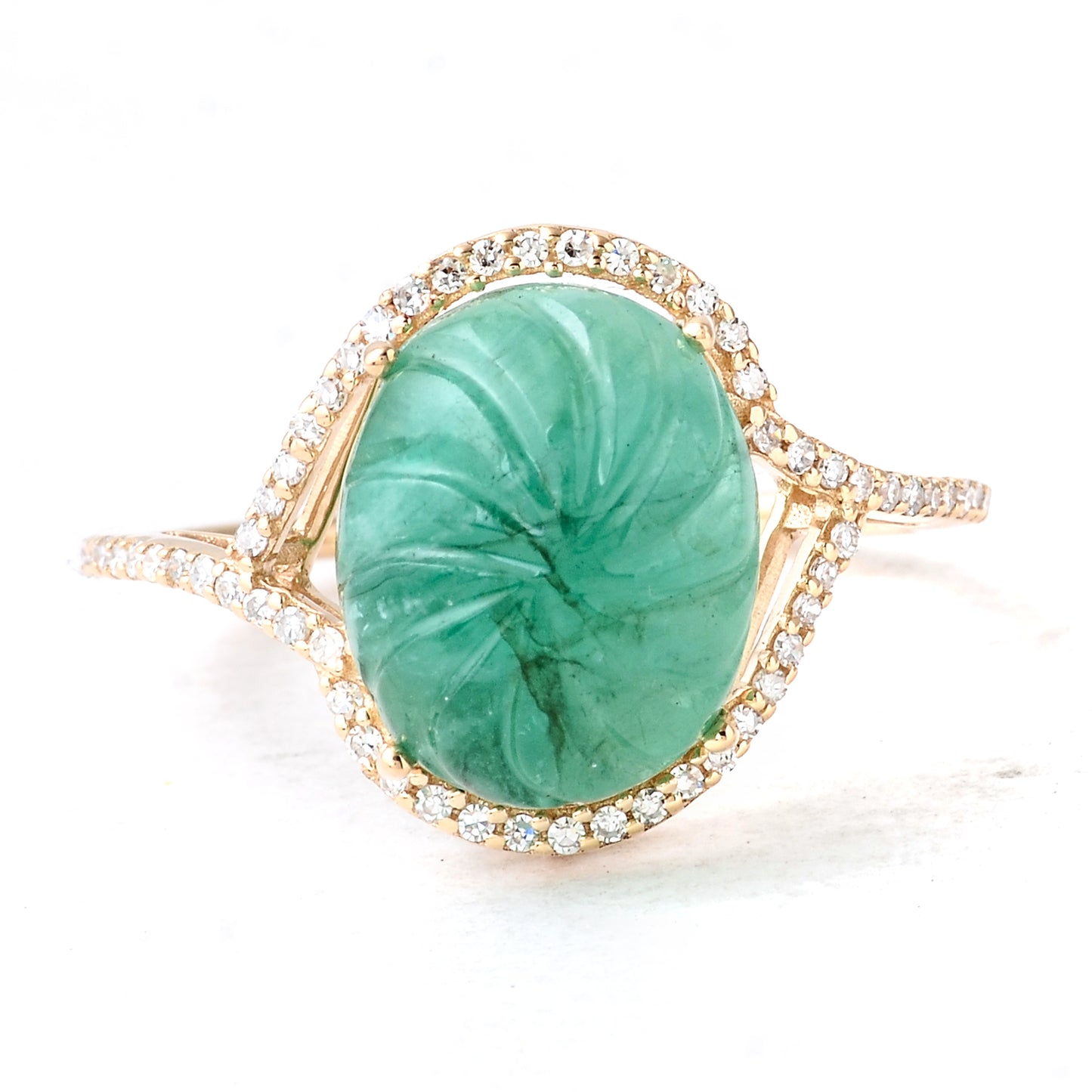 6.53 Ct Oval Carving Natural Beryl Emerald 14K Gold Ring