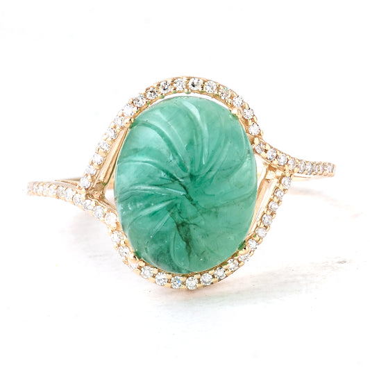 6.53 Ct Oval Carving Natural Beryl Emerald 14K Gold Ring