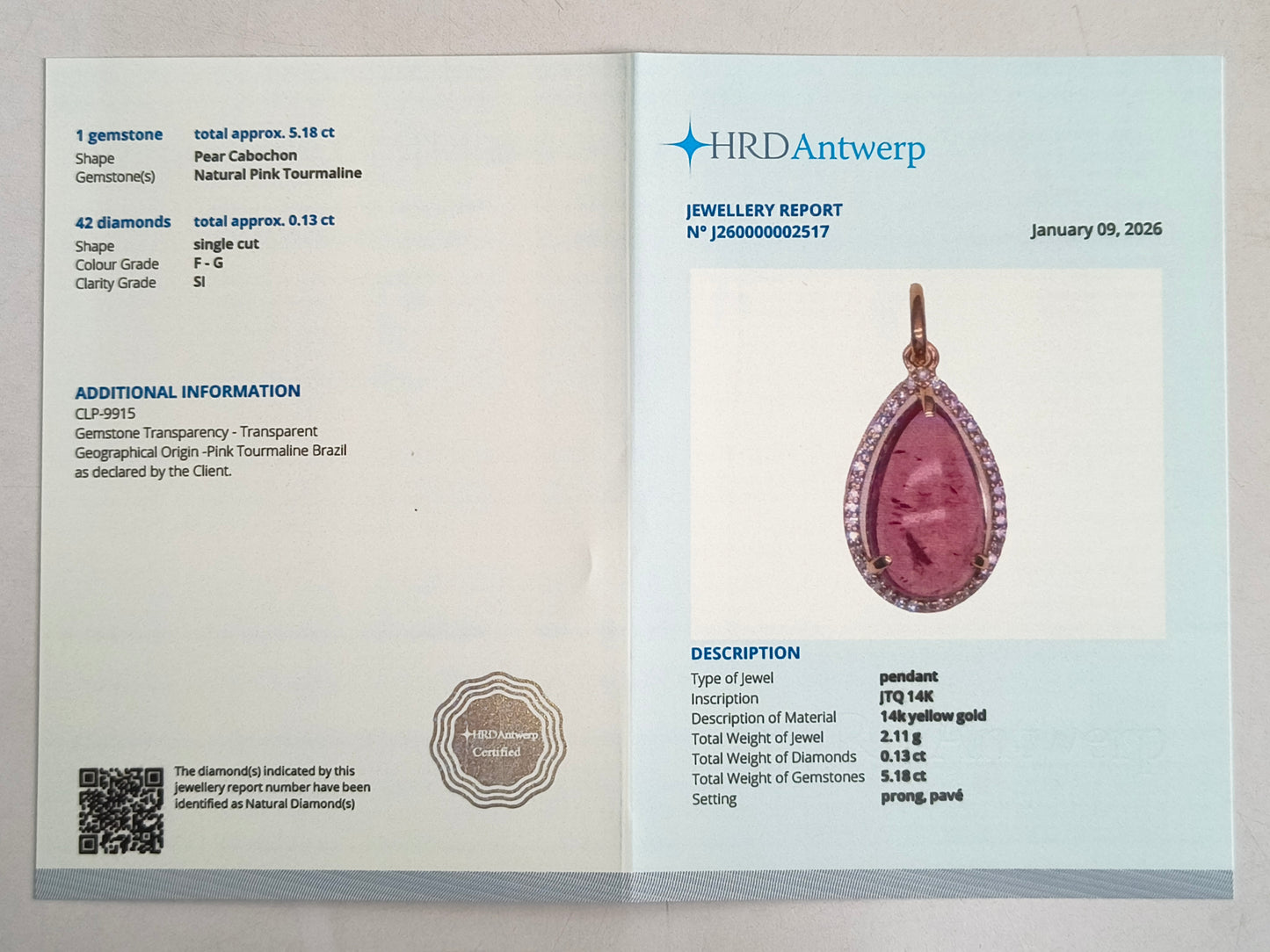 5.31 Ct Pear Cabochon Natural Pink Tourmaline 14K Gold Pendant