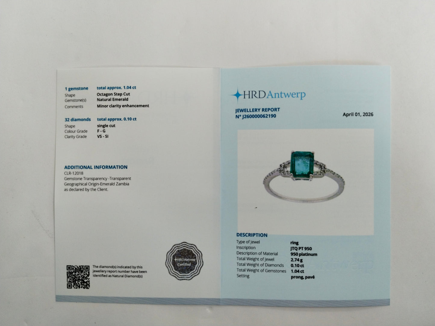 1.14 Ct Octagon Step Cut Natural Emerald 950 Platinum Ring