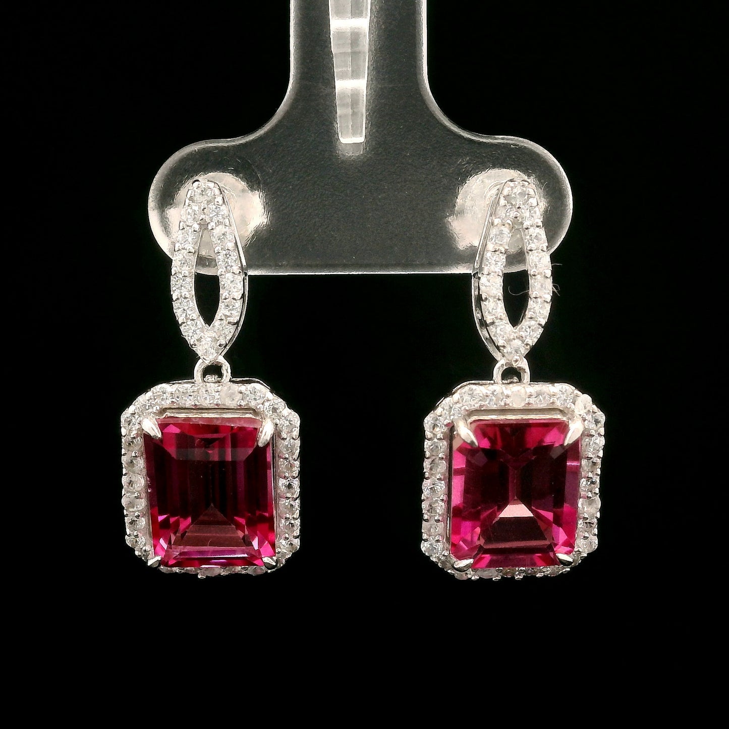 6.91 Ct Octagon Pink Topaz, White Zircon 925 Sterling Silver Earrings
