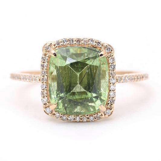 4.10 Ct Cushion Mixed Cut Natural Peridot 14K Gold Ring