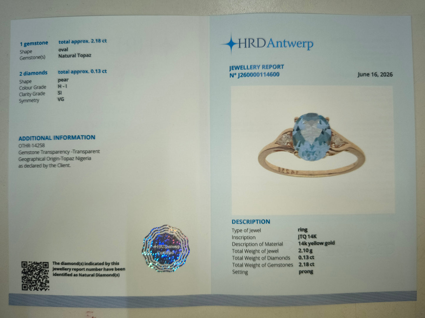 2.31 Ct Oval Natural Topaz 14K Gold Ring