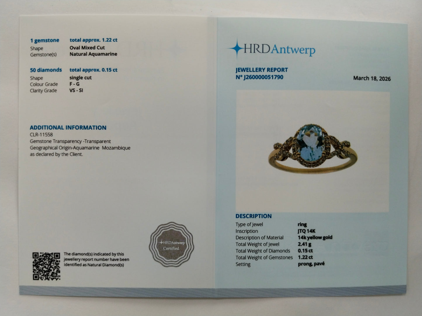 1.37 Ct Oval Mixed Cut Natural Aquamarine 14K Gold Ring