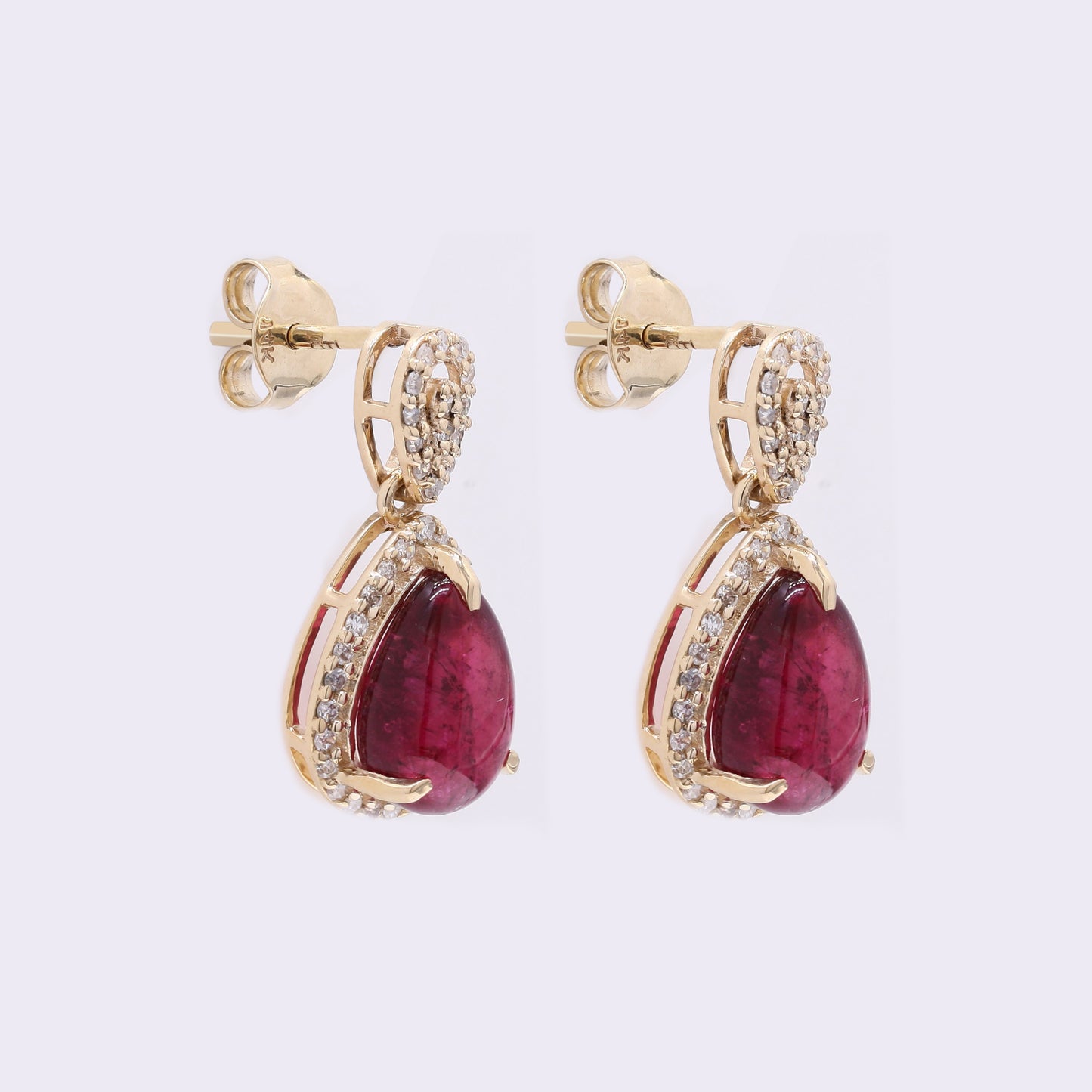4.00 Ct Pear Cabochon Natural Rubellite 14K Gold Earrings