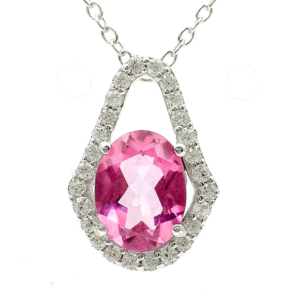 1.82 Ct Oval Pink Topaz, White Zircon 925 Sterling Silver Pendant