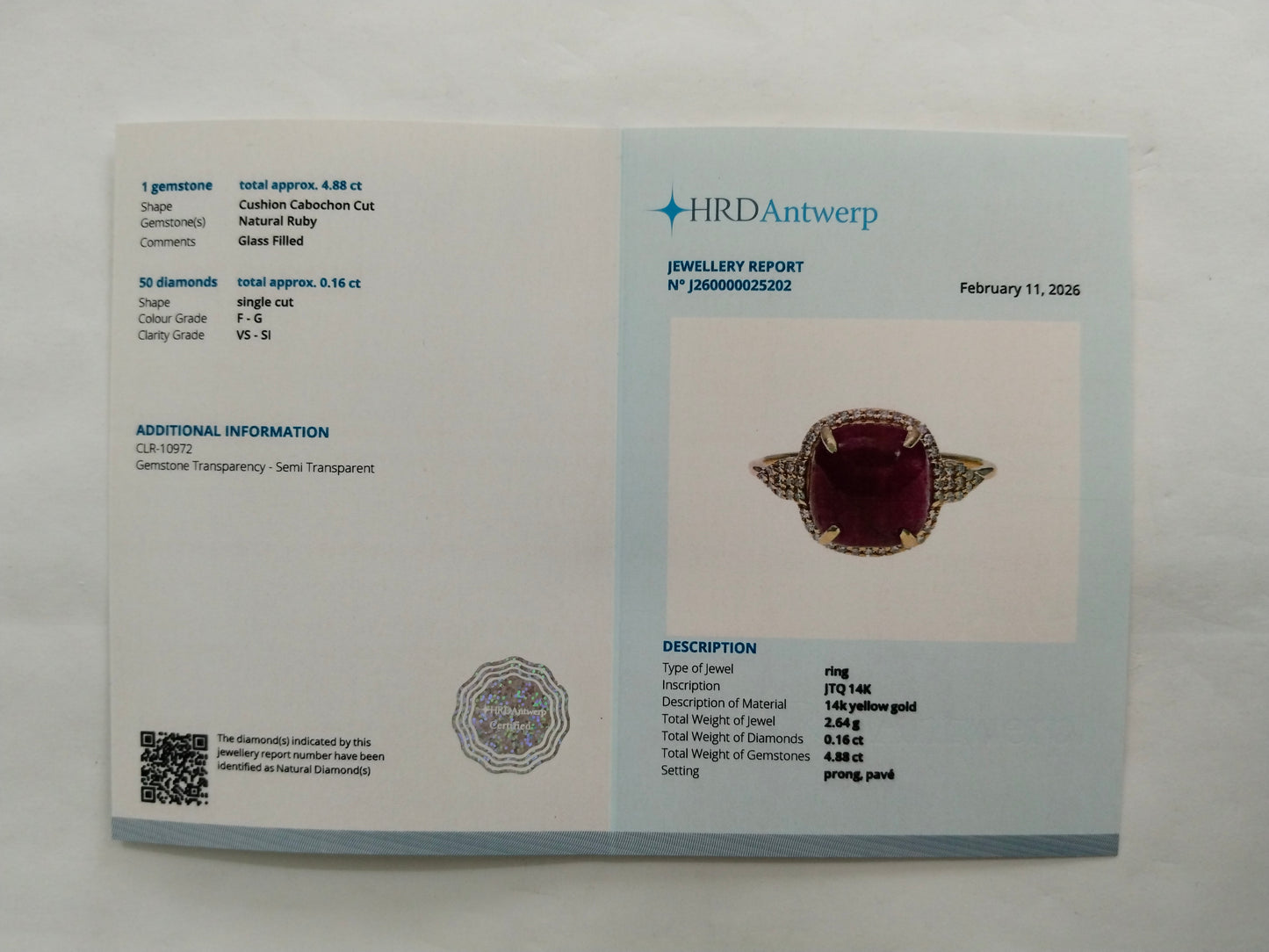 5.04 Ct Cushion Cabochon Cut Natural Ruby 14K Gold Ring