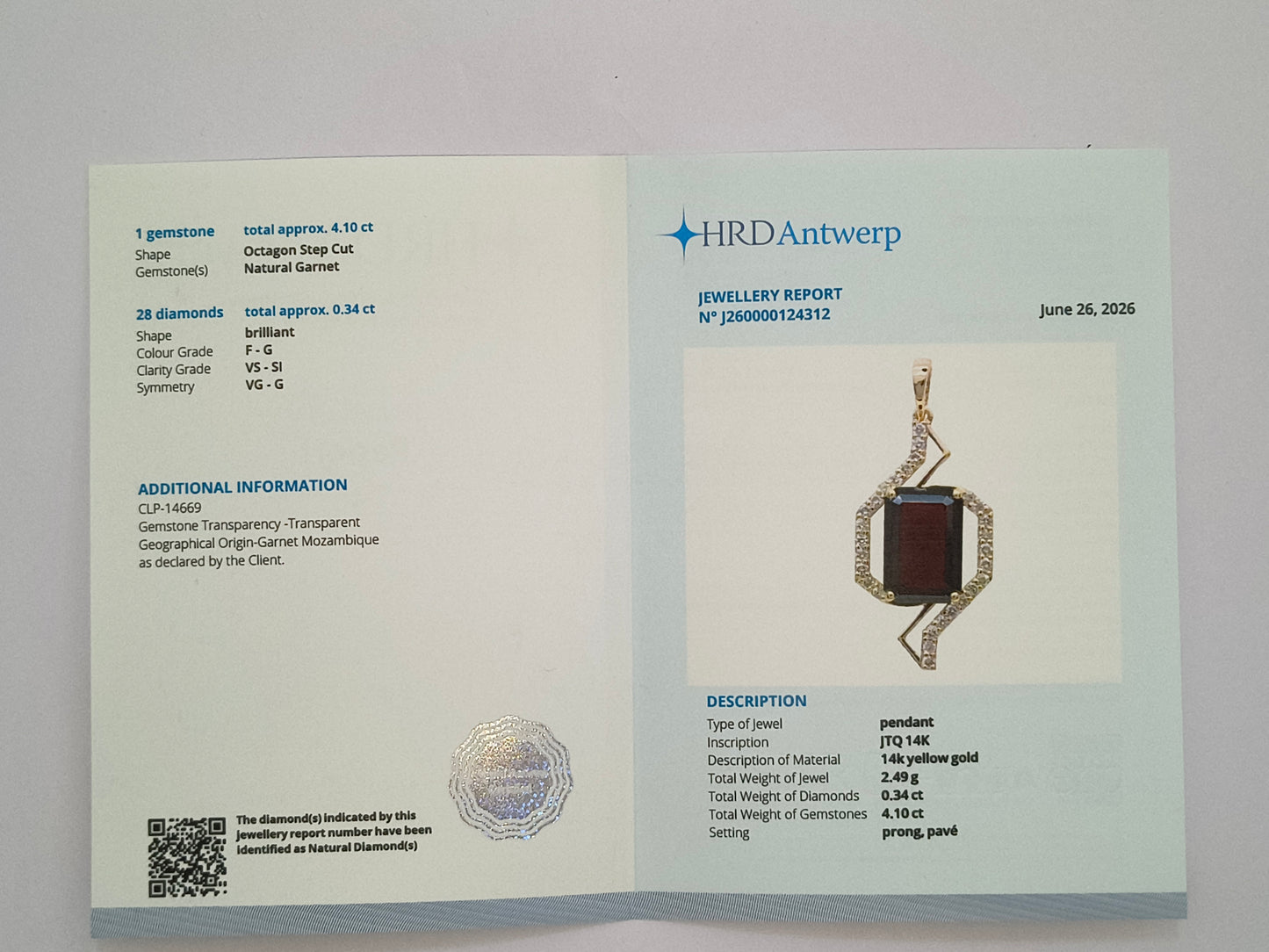 4.44 Ct Octagon Step Cut Natural Garnet 14K Gold Pendant
