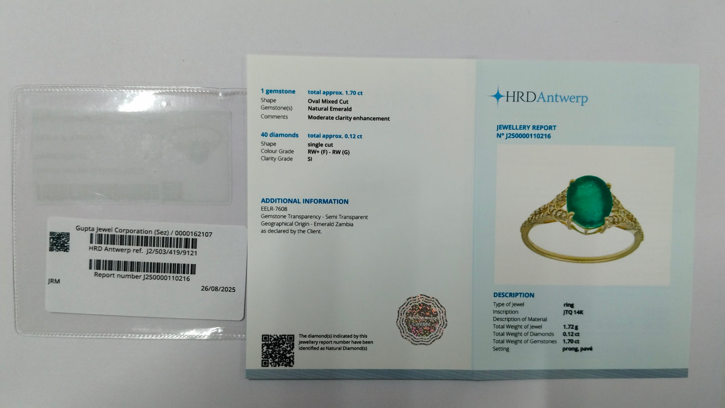 1.82 Ct Oval Mixed Cut Natural Emerald 14K Gold Ring