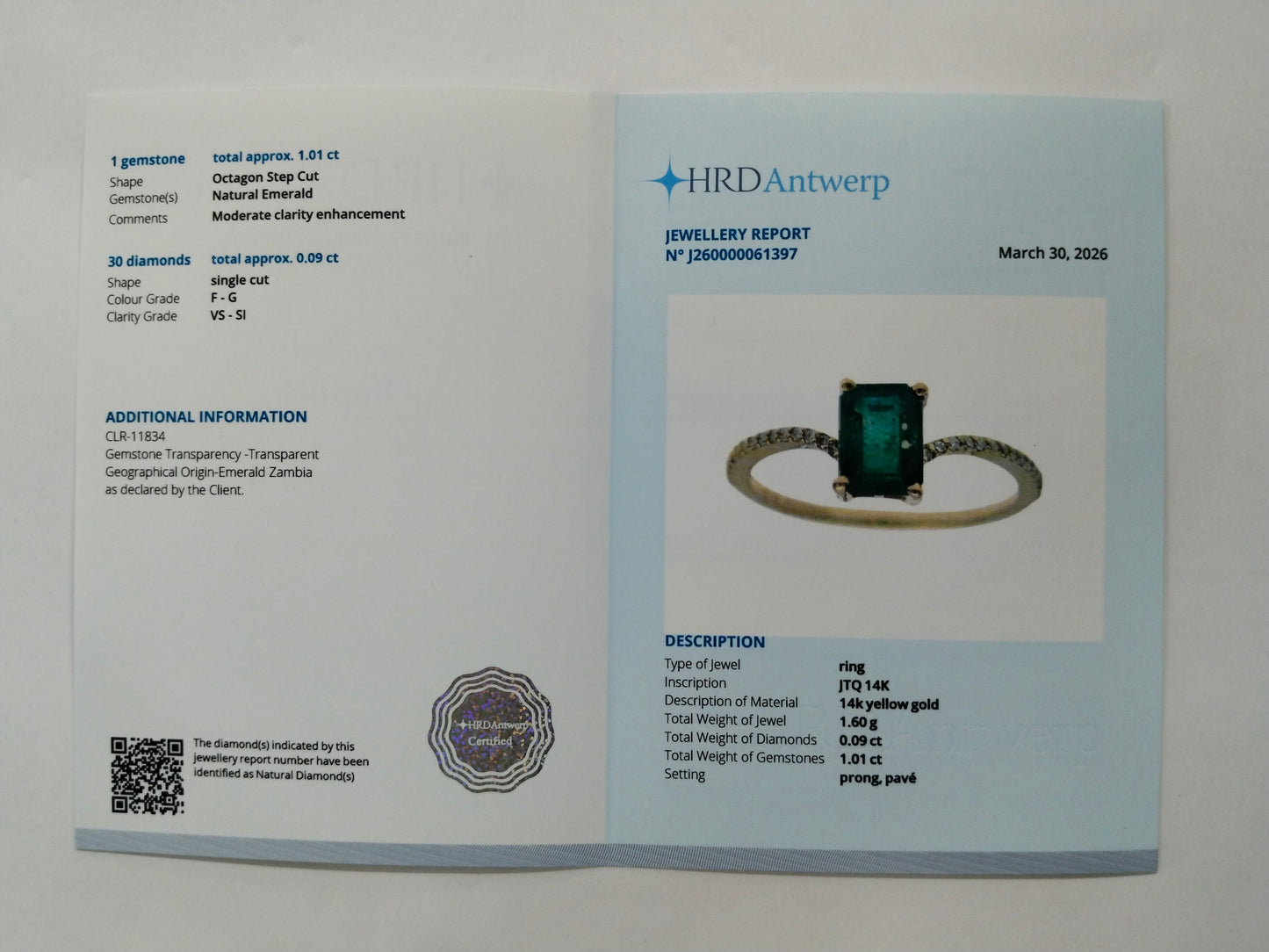 1.10 Ct Octagon Step Cut Natural Emerald 14K Gold Ring