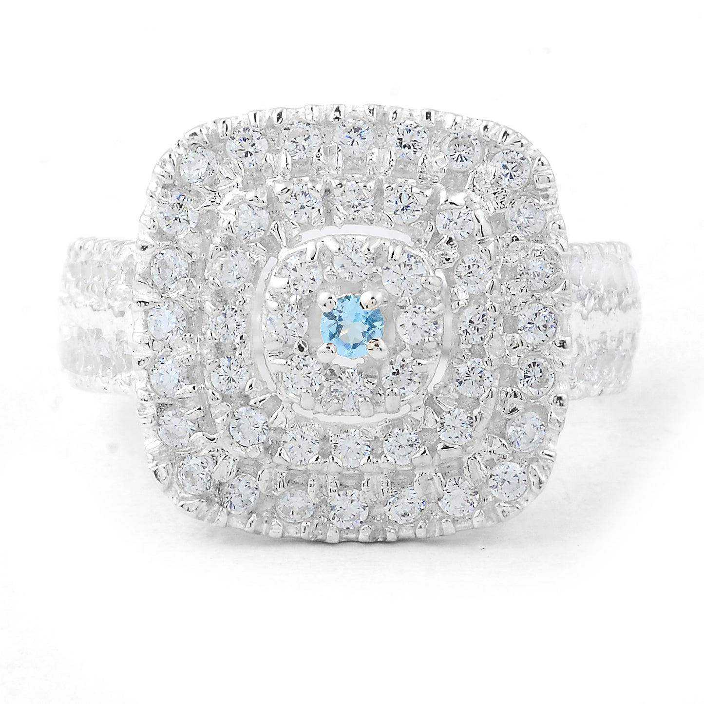 0.53 Ct Round Swiss Blue Topaz, Cubic Zirconia 925 Sterling Silver Ring