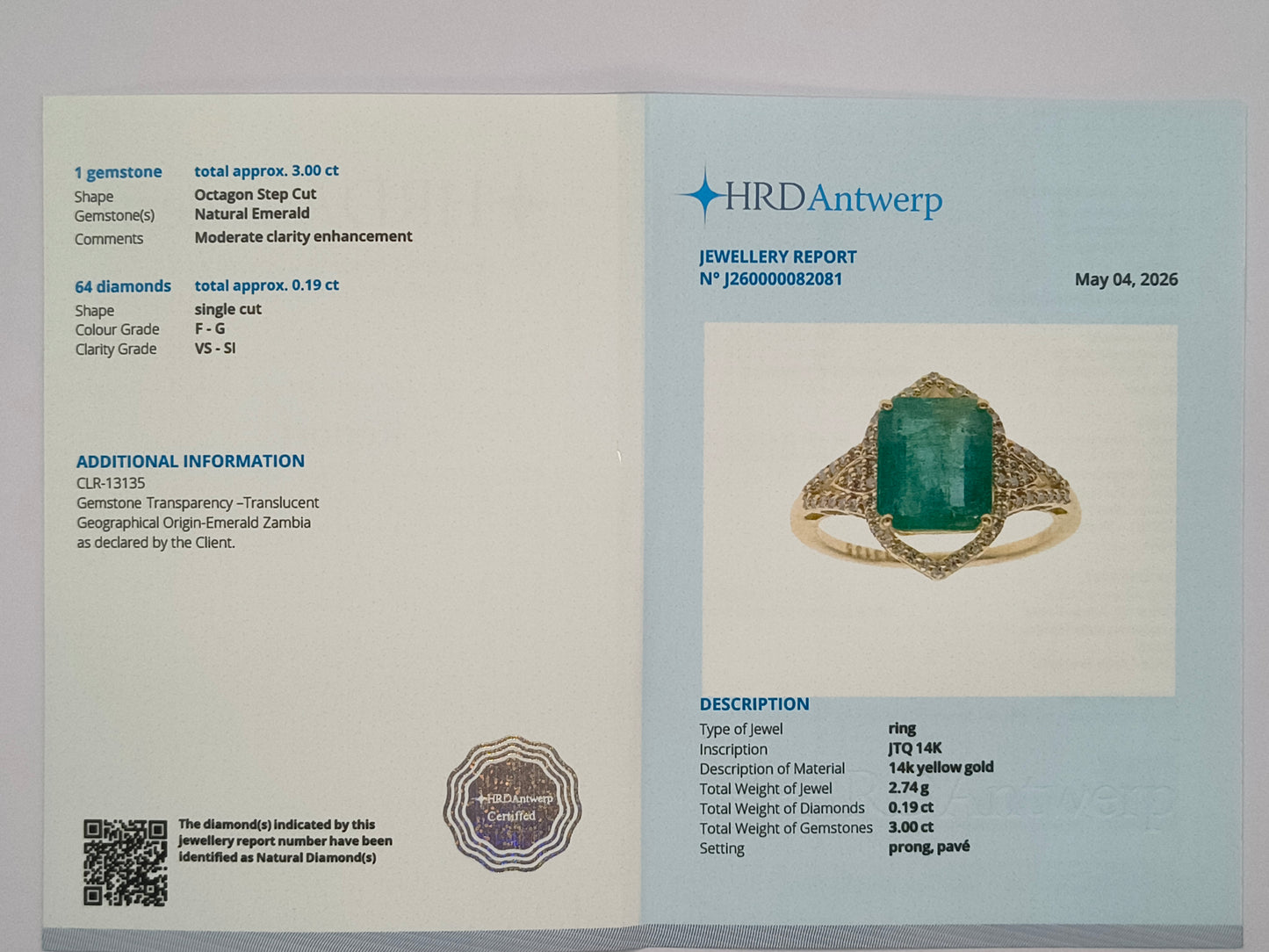 3.19 Ct Octagon Step Cut Natural Emerald 14K Gold Ring