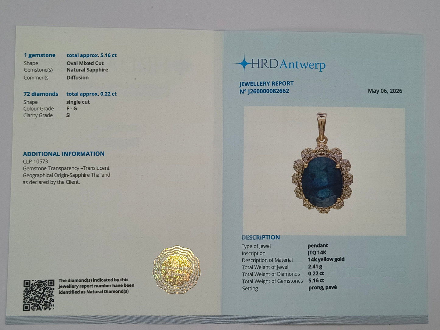 5.38 Ct Oval Mixed Cut Natural Sapphire 14K Gold Pendant