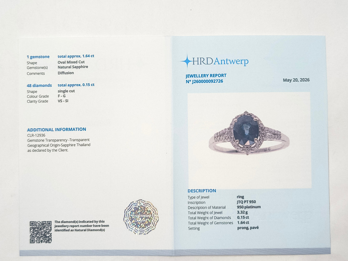 1.79 Ct Oval Sapphire 950 Platinum Ring