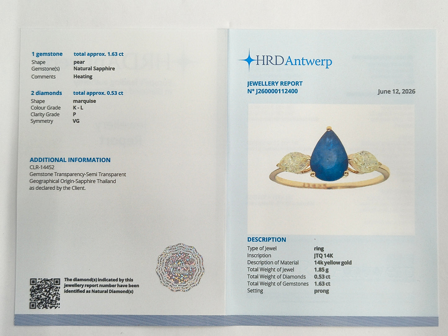 2.16 Ct Pear Natural Sapphire 14K Gold Ring