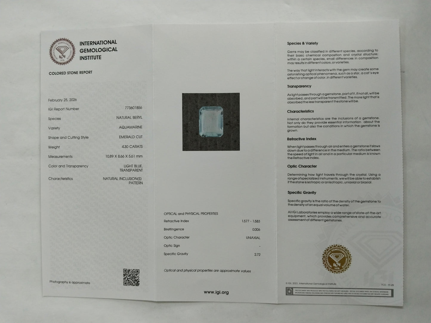4.3 Natural Beryl Aquamarine Emerald Cut Gemstone