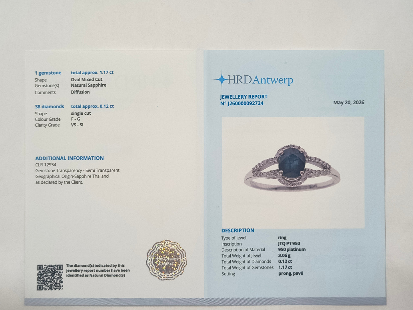 1.29 Ct Oval Sapphire 950 Platinum Ring