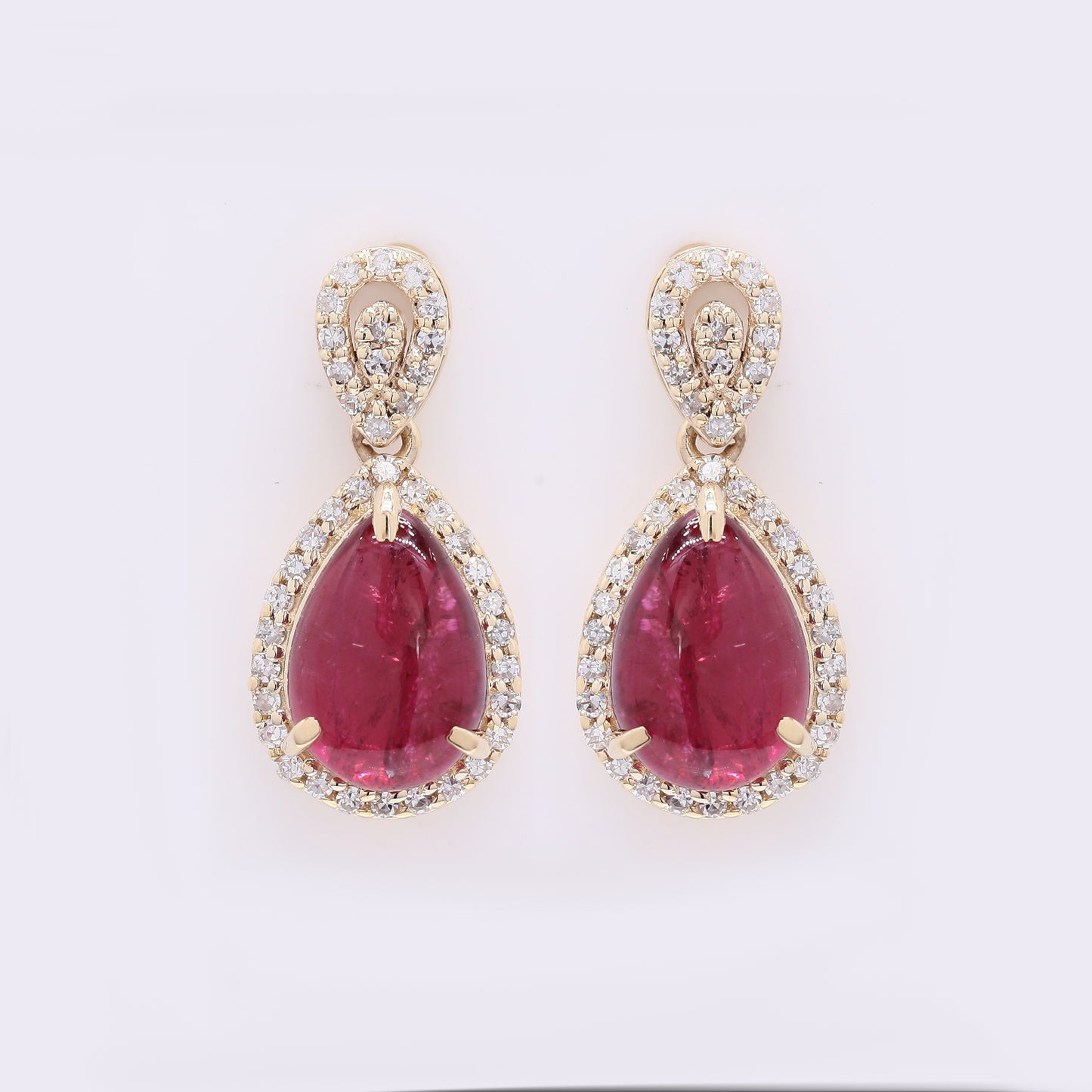 4.00 Ct Pear Cabochon Natural Rubellite 14K Gold Earrings