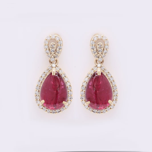 4.00 Ct Pear Cabochon Natural Rubellite 14K Gold Earrings
