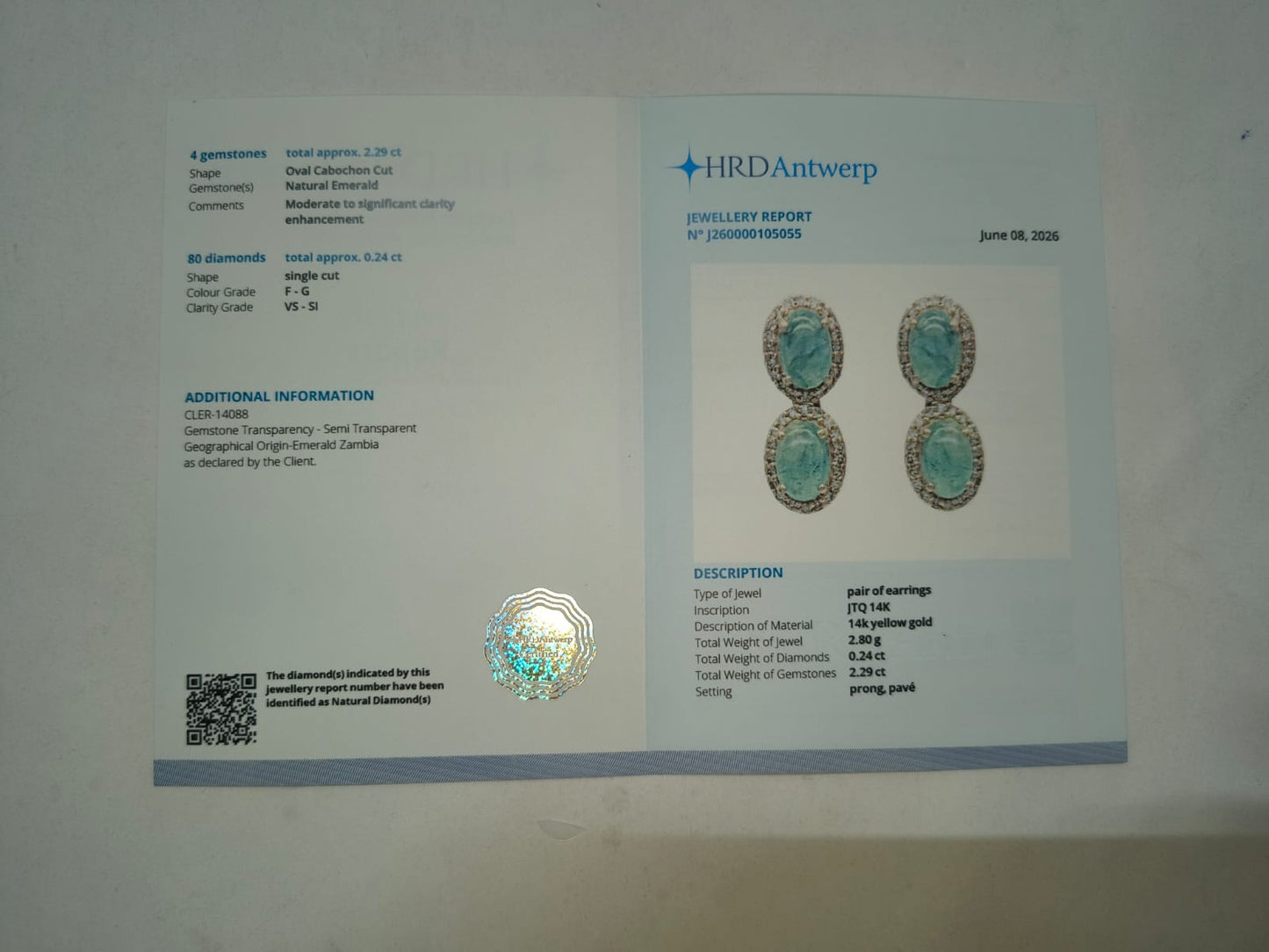 2.53 Ct Oval Cabochon Cut Natural Emerald 14K Gold Earrings