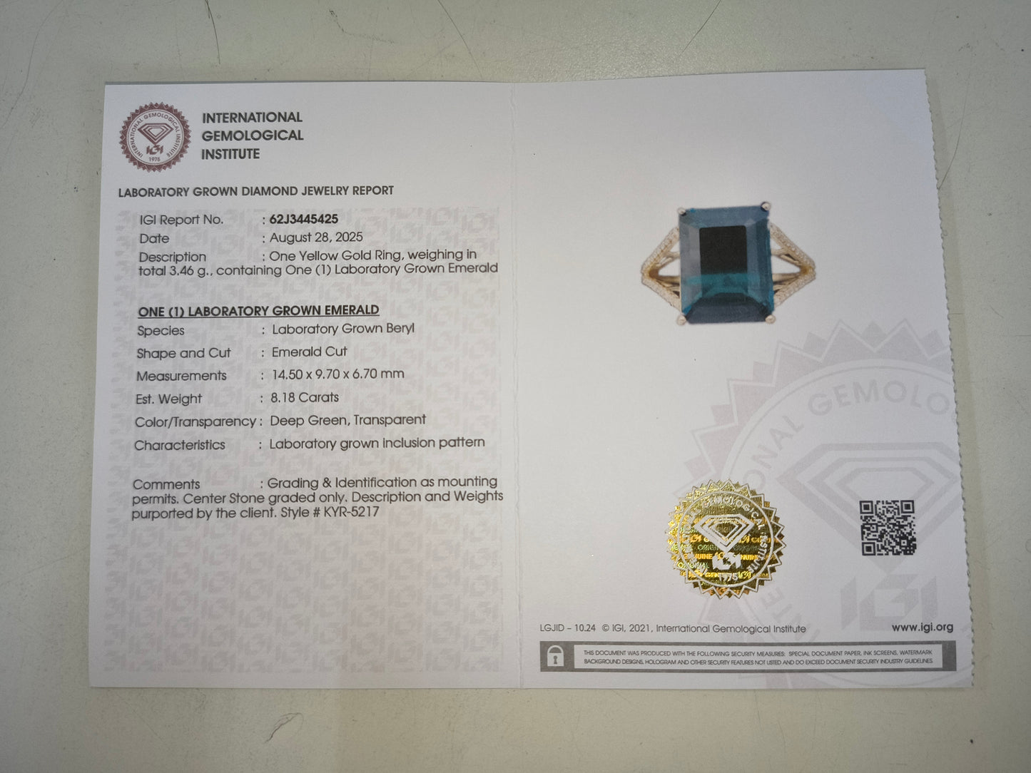 8.30 Ct Emerald Cut Lab Grown Emerald 14K Gold Ring