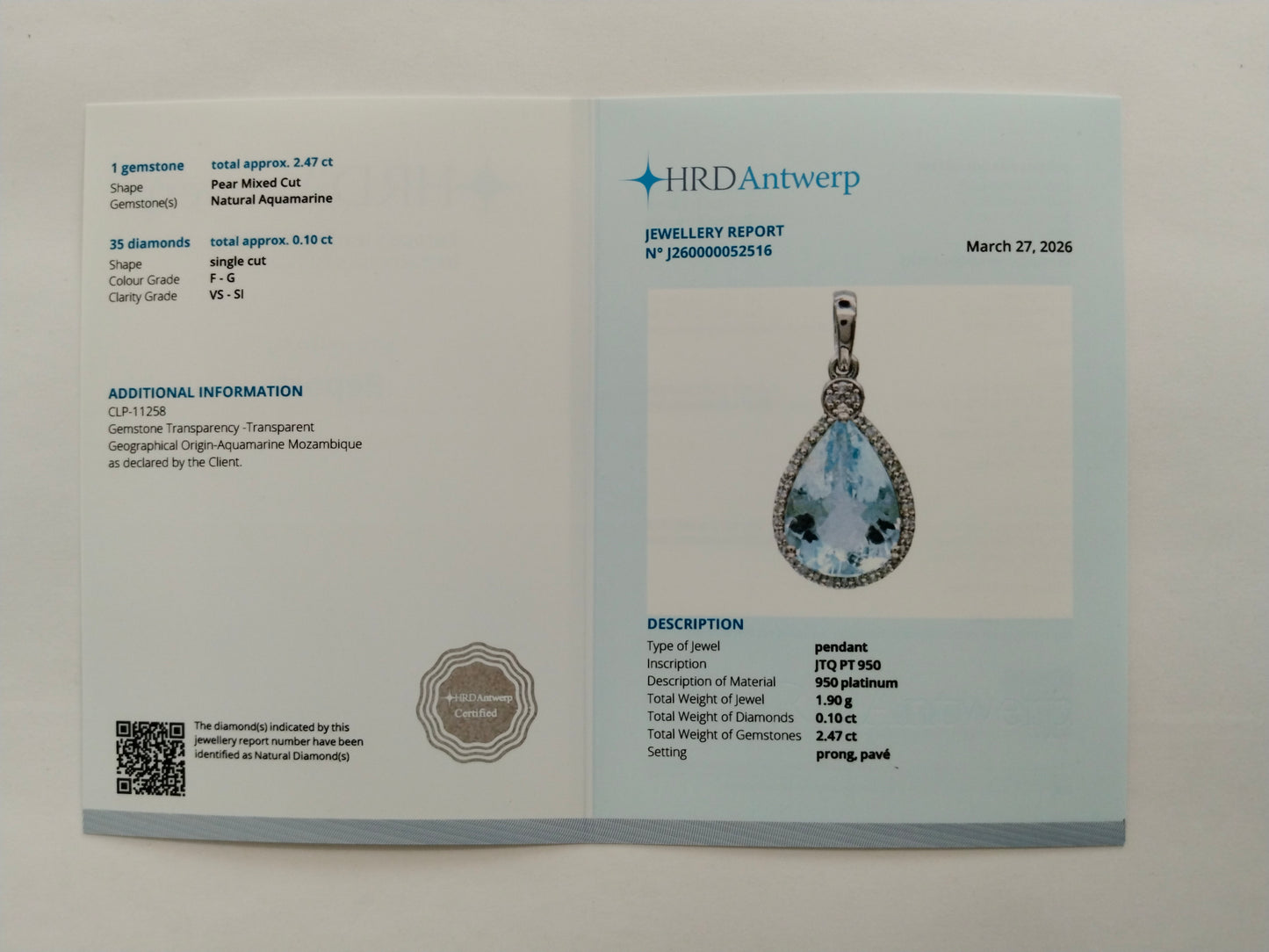 2.57 Ct Pear Mixed Cut Natural Aquamarine 950 Platinum Pendant