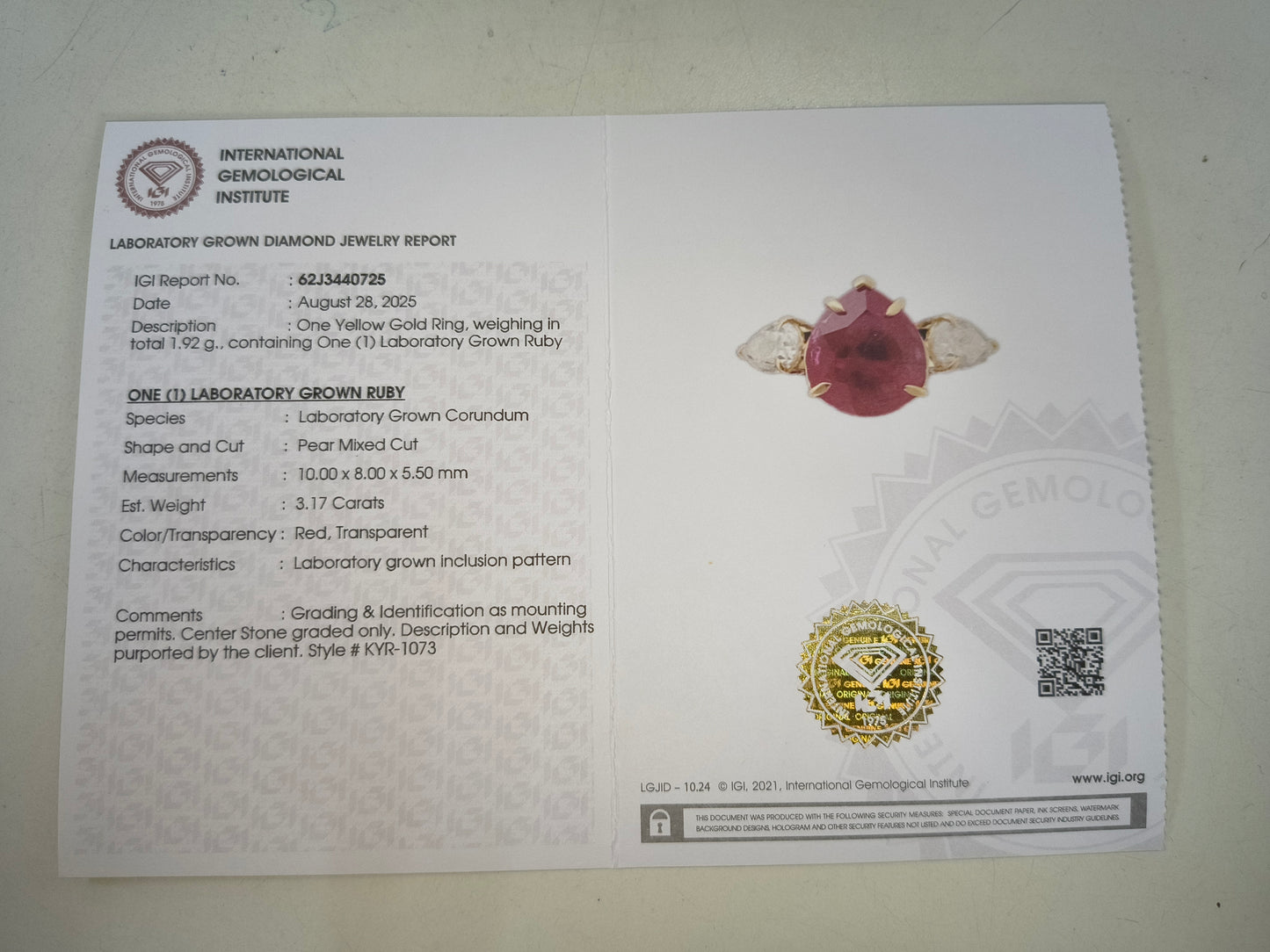 3.92 Ct Pear Mixed Cut Lab Grown Ruby 14K Gold Ring