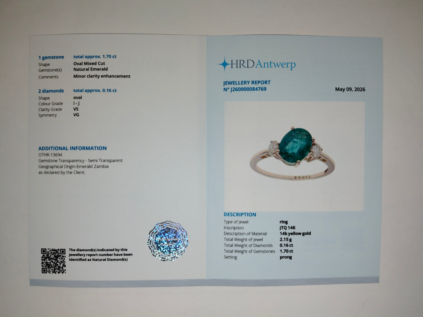 1.78 Ct Oval Mixed Cut Natural Emerald 14K Gold Ring