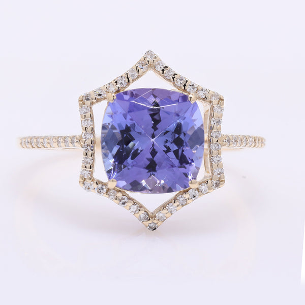 3.15 Ct Cushion Mixed Cut Natural Tanzanite 14K Gold Ring