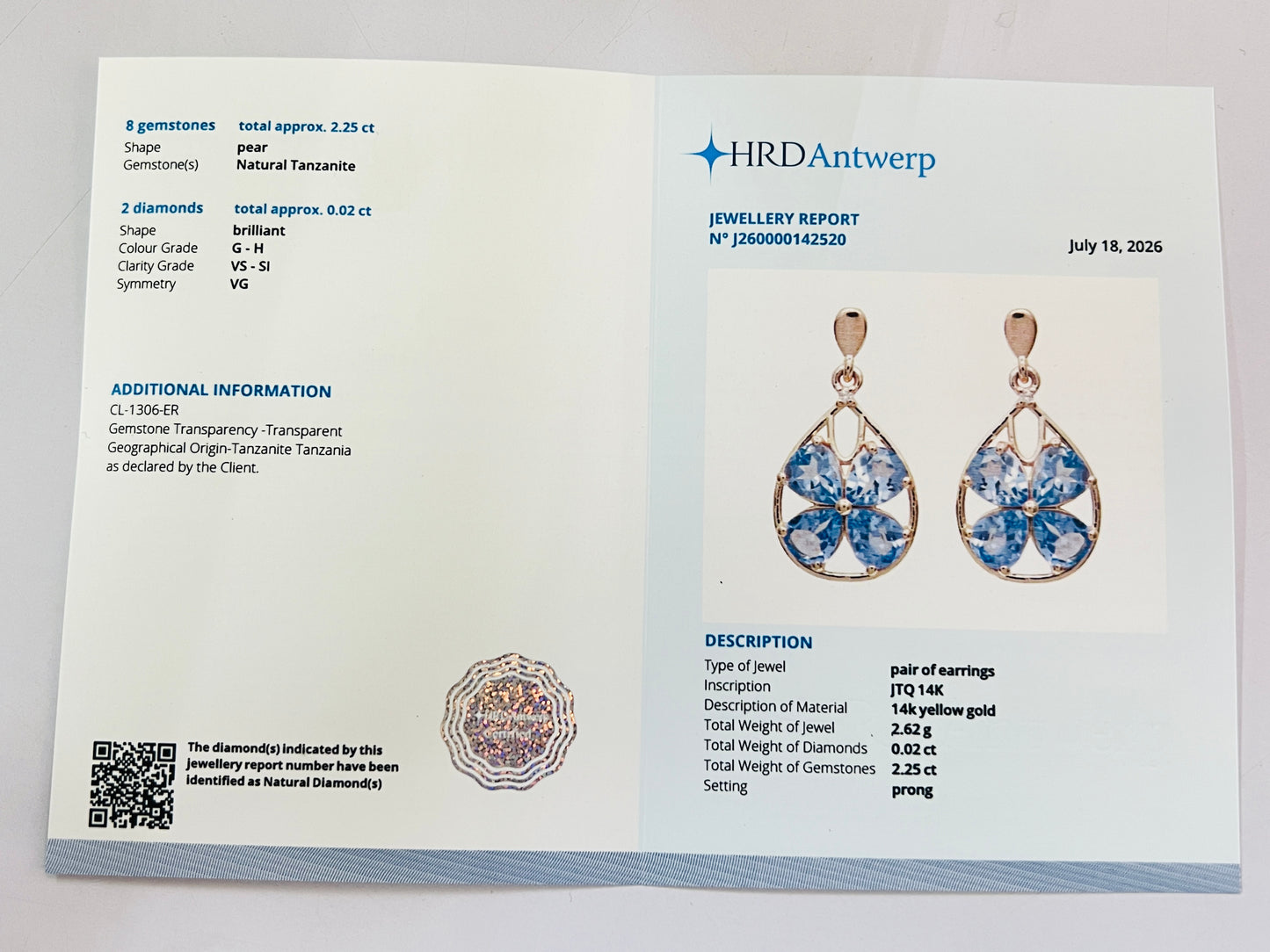 2.27 Ct Pear Natural Tanzanite 14K Gold Earrings